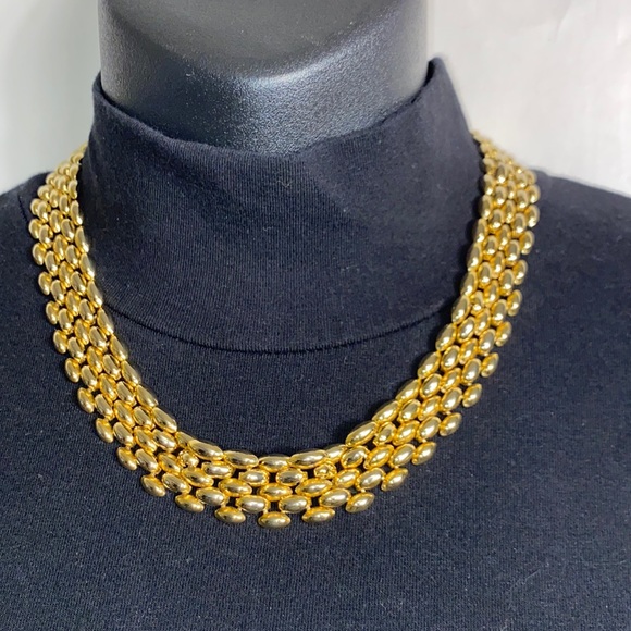 Vintage Statement Necklace Flat wide Collar Necklace links polish gold plated - Picture 1 of 10